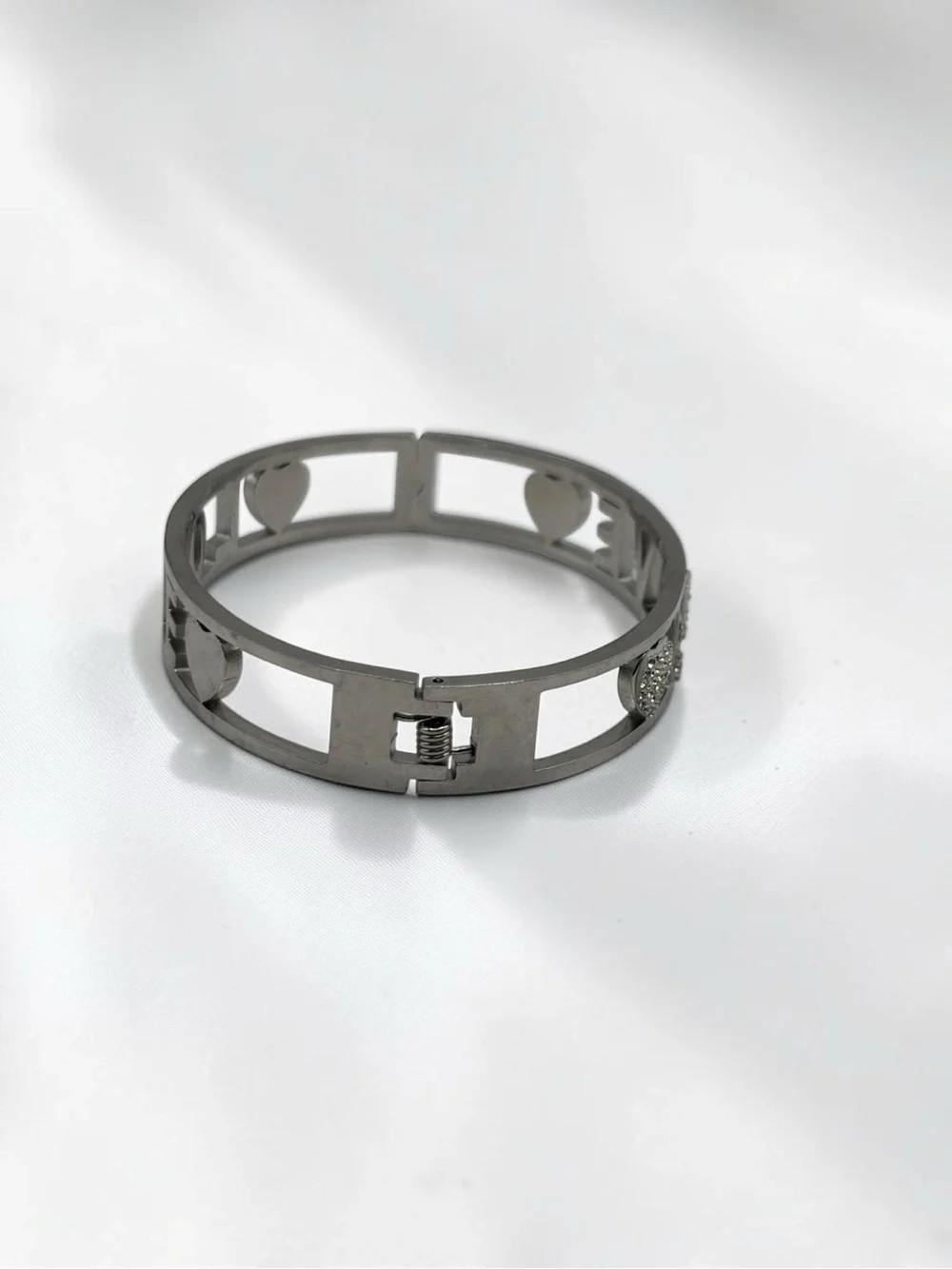 Silver & Crystal Rhinestone LOVE Heart Hinged Cuff Bracelet